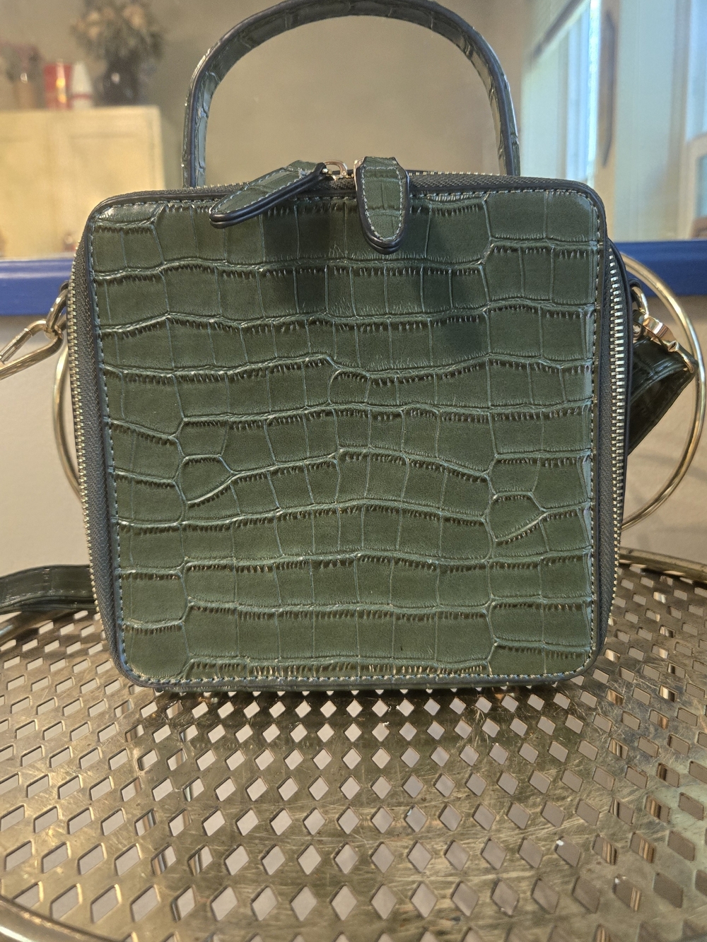 Green Croc-Embossed Square Satchel - Women Bags